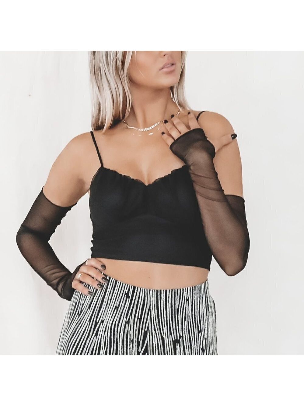 AMAZING LACE Black Mesh Cropped Cami Top & Gloves